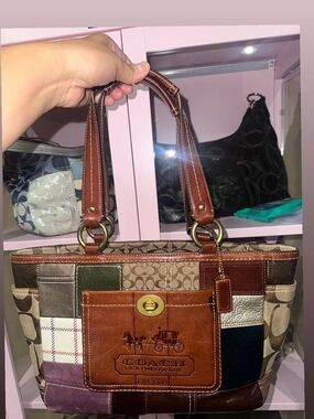 Coach Patchwork Signature Tote with Brown Leather Trim